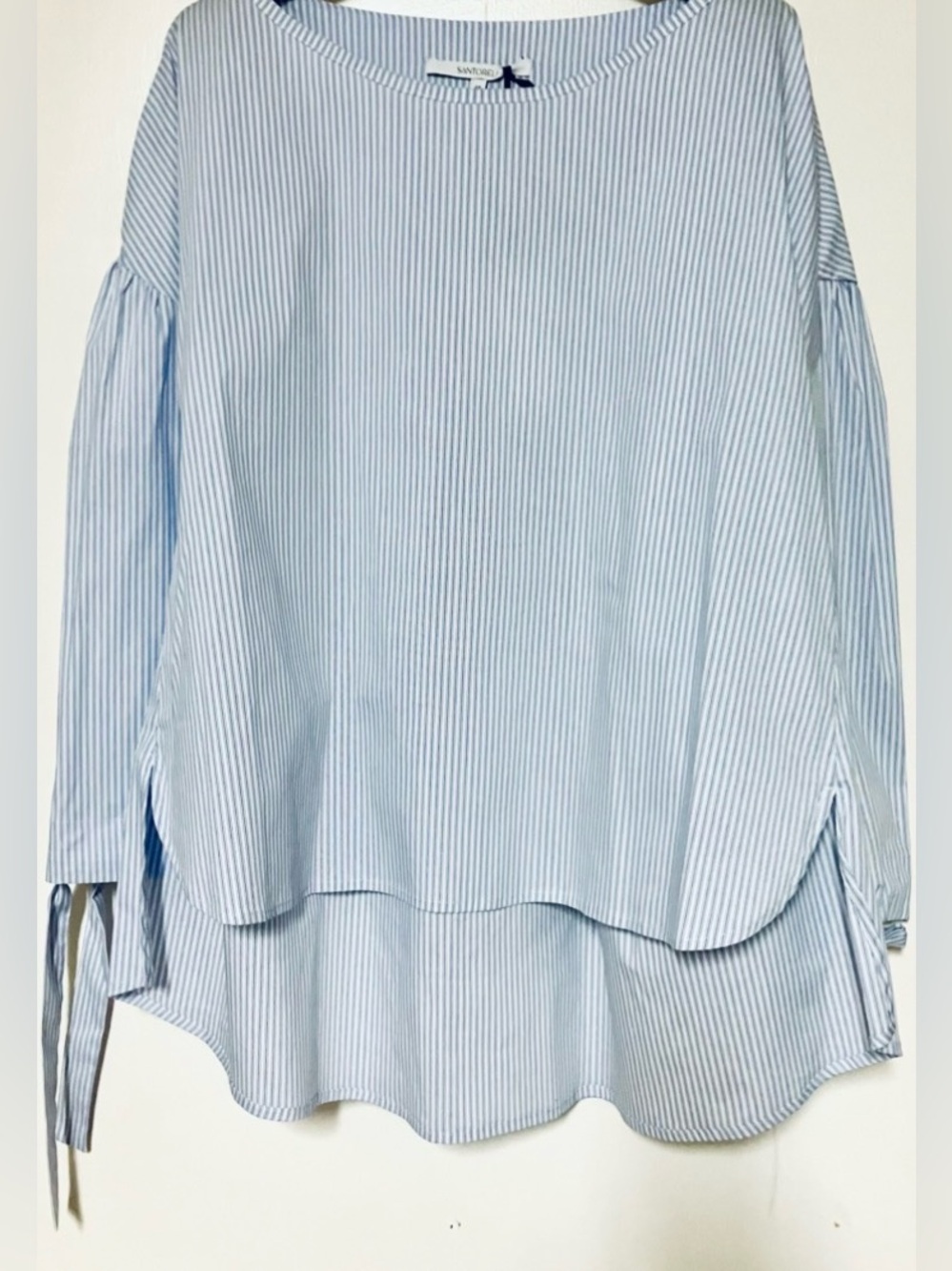 Santorelli Blue White Vertical Pinstripe Cotton Poplin Popover Blouse: Size 5